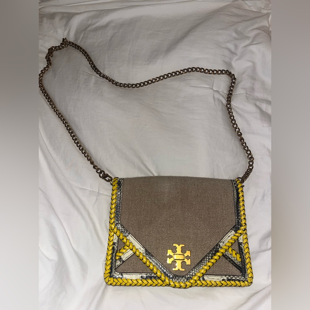 Tory Burch Kira Linen Braided Crossbody Bag - Tan and Yellow